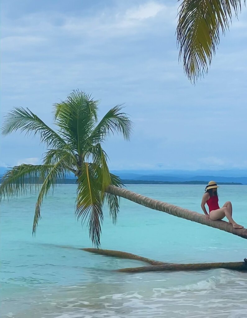 Allison in a red bathing suit sitting on the palm tree over the Caribbean waters while enjoying her time in Bocas del Toro