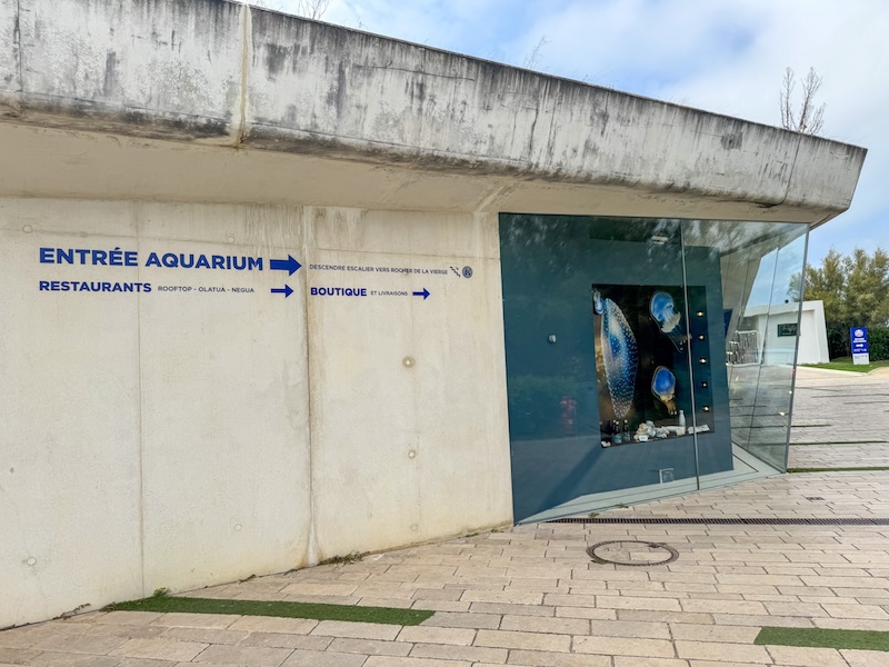 Facade of the biarritz aquarium with a beautiful display of jellyfish visible in an avant-garde brutalist style building