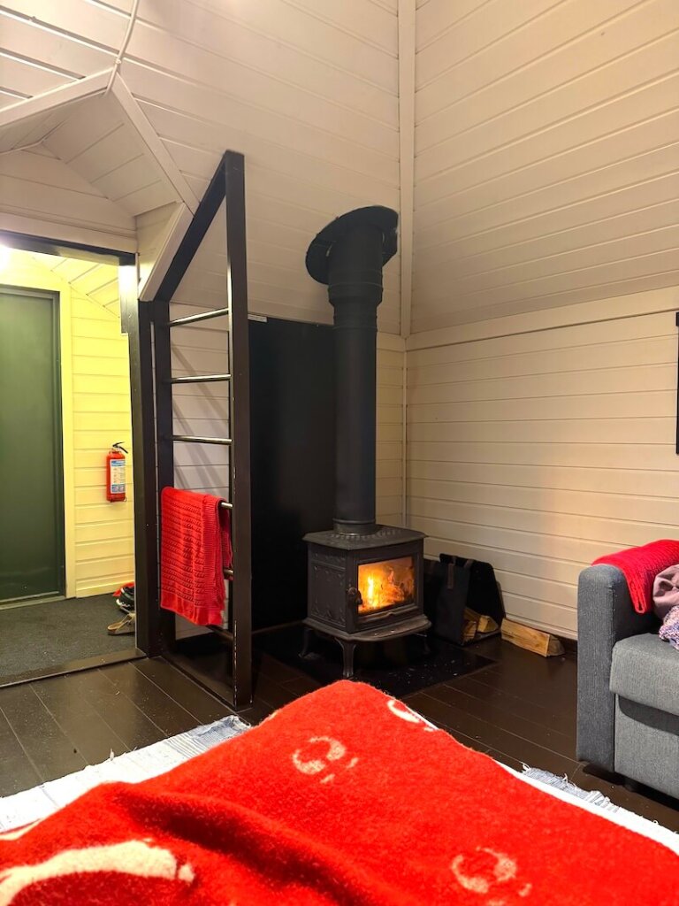 Wood-fired stove in the corner of the room with a fire blazing