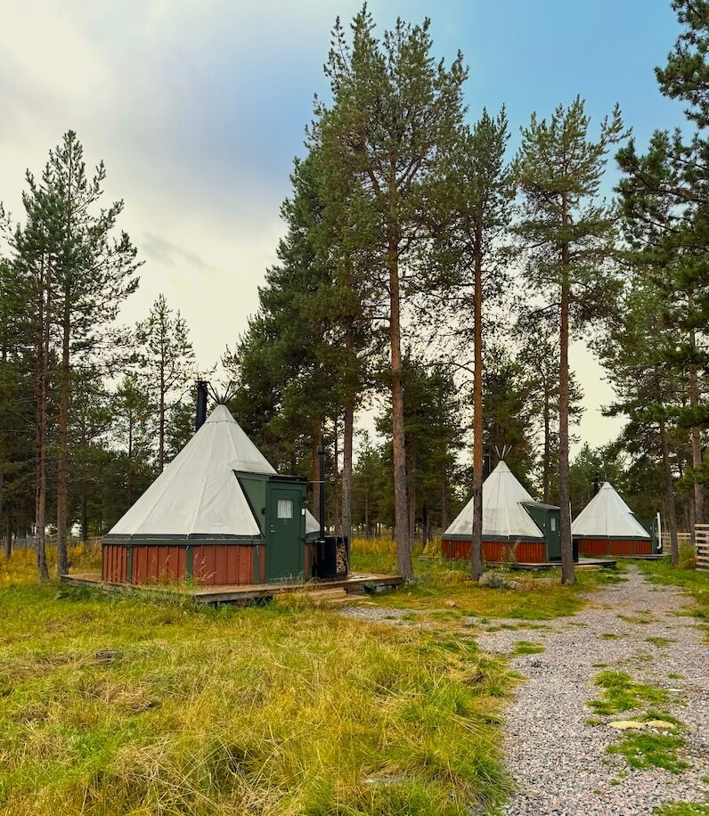 Goahti tents (modern sami glamping style tents) in Jukkasjarvi Sweden in the beautiful Reindeer Lodge