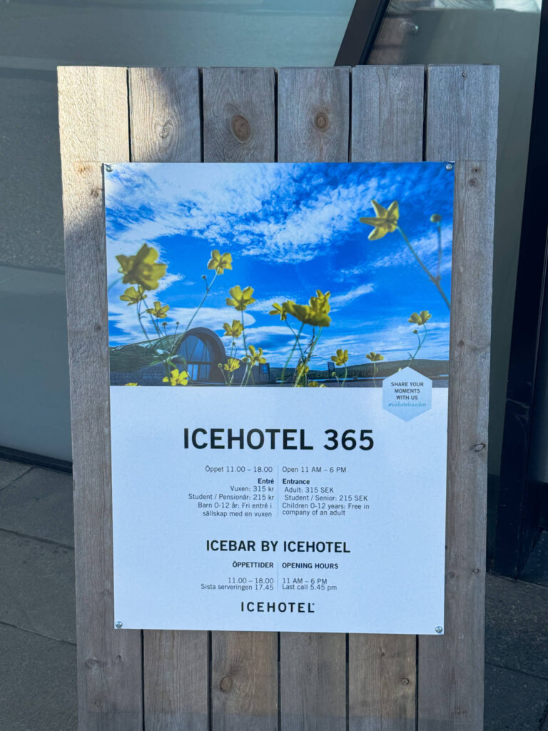 Icehotel 365 sign with information and opening hours etc