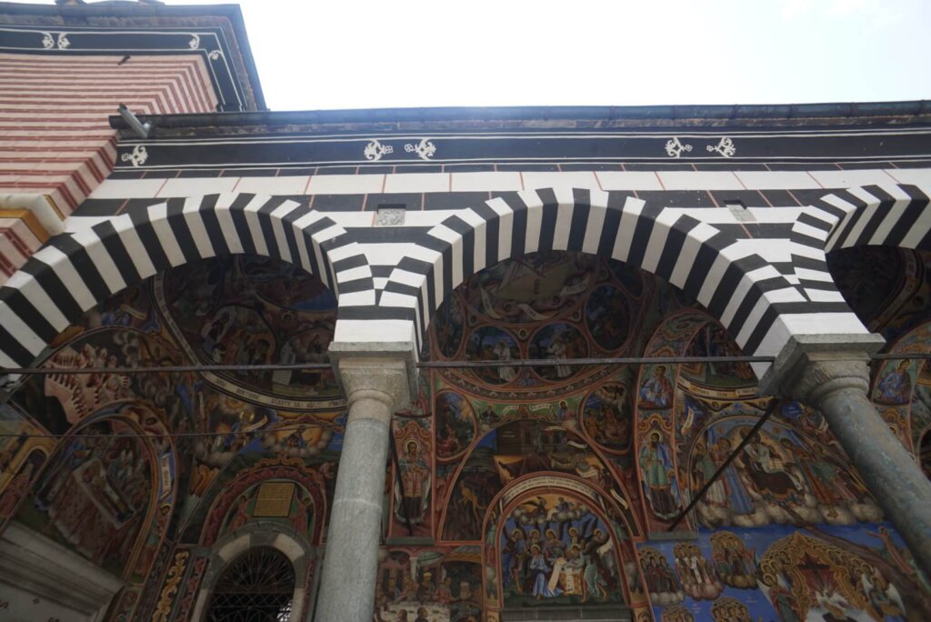 The striped arches of Rila Monastery complex