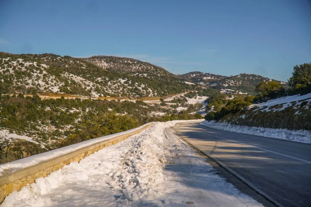 A snowy road in Meteora