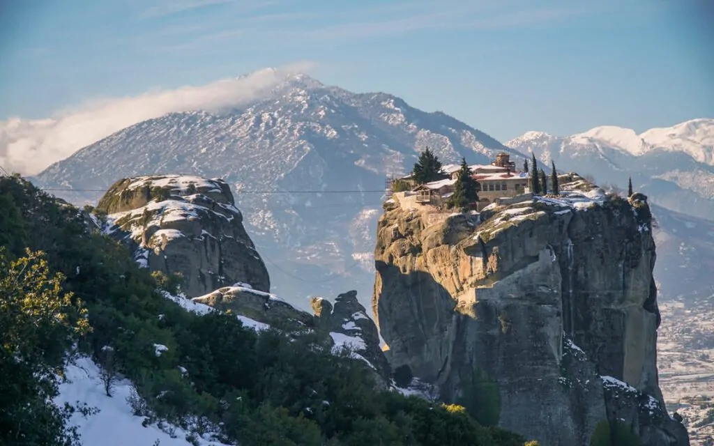 Snowy and dramatic Meteora landscape in Greece in the winter