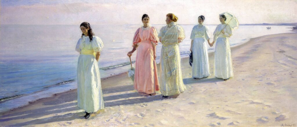 A PAINTING OF FIVE WOMEN ON THE BEACH IN SKAGEN, wearing pastel colors, one of them is holding a parasol over her head, one is leading the group in front alone while the others walk in pairs