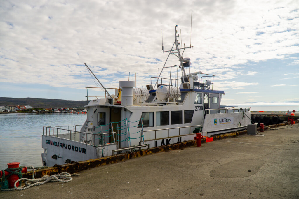 The whale watching boat used by the tour company on the harbor