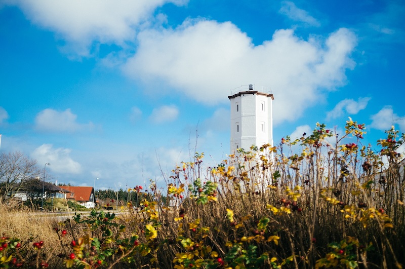 A view of the old, whitewashed lighthouse of Skagen with flowers in front