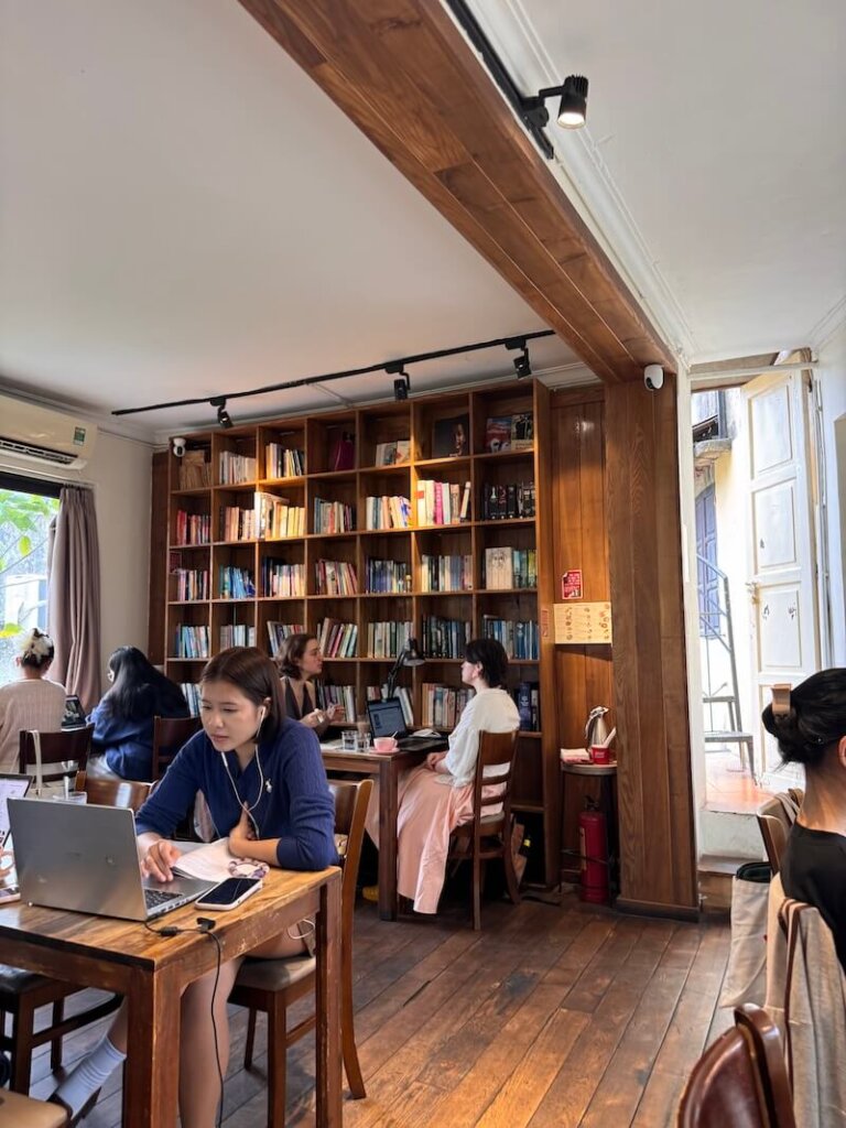 Hanoi cafe with coffee and aesthetic book look