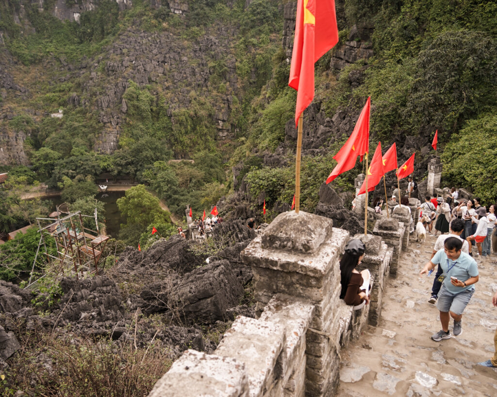 The stairs of ninh binh with vietnam flags everywhere