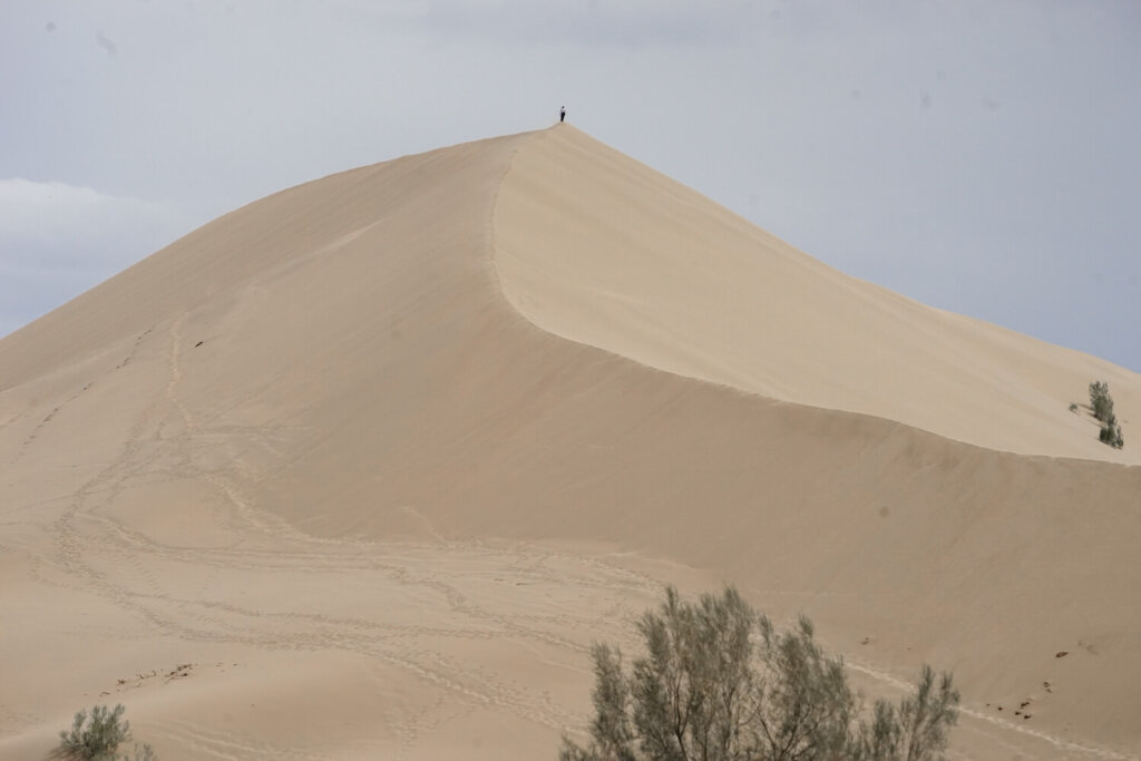 Person standing at the tall dune on a cloudy day