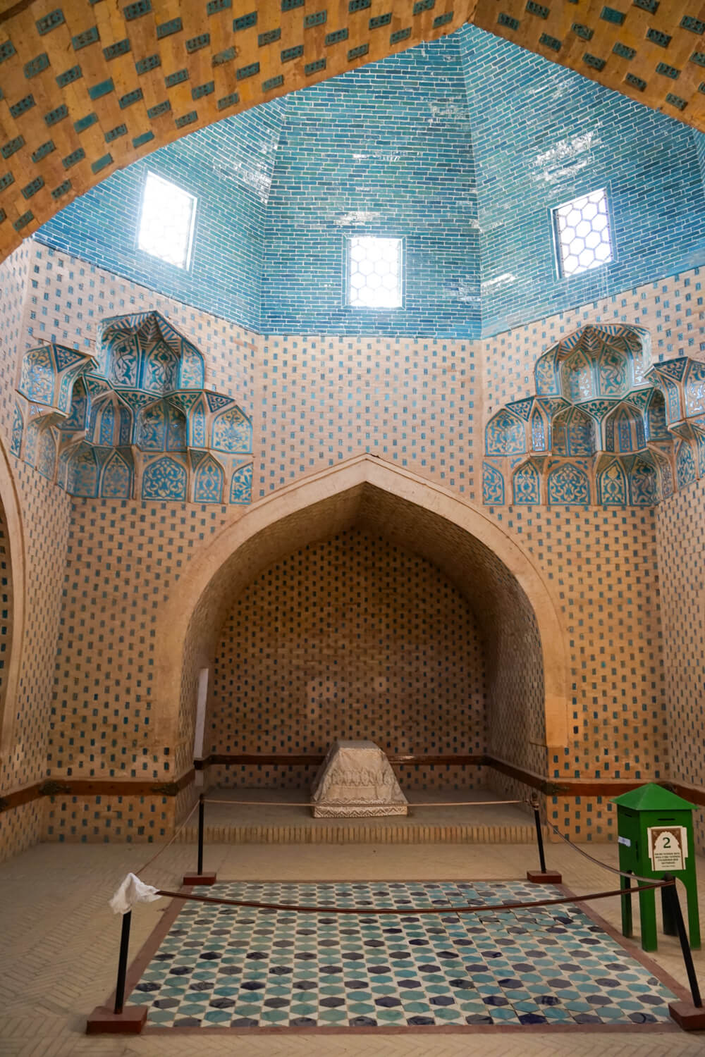 Blue tiled interior of mausoleum