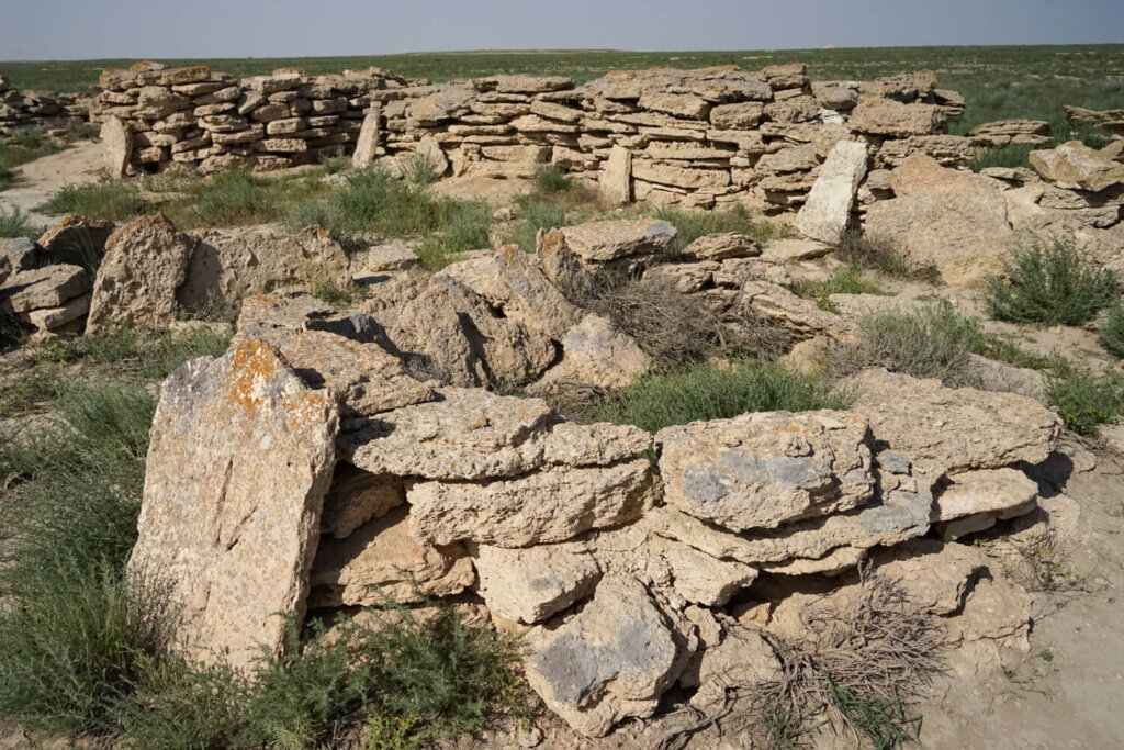Stones marking the graves of nomads in the steppe
