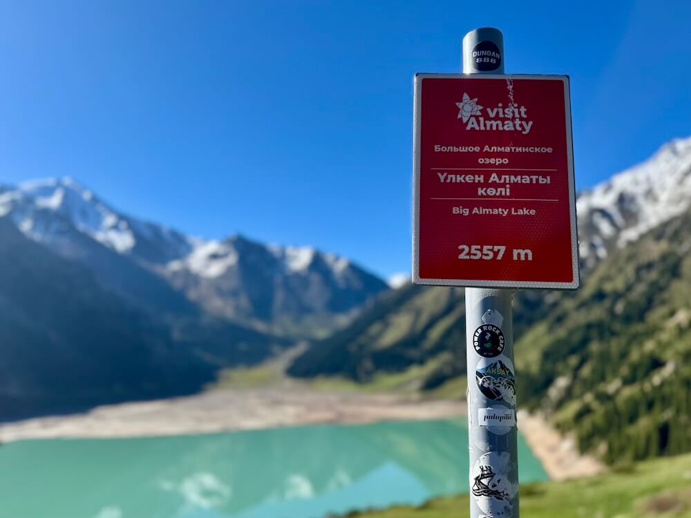 The sign for the altitude at Big Almaty Lake, 2557 meters