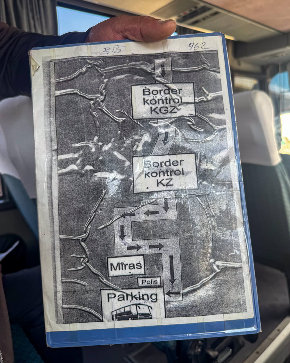 Sign showing how you cross the Kyrgyz-Kazakh border, take a picture
