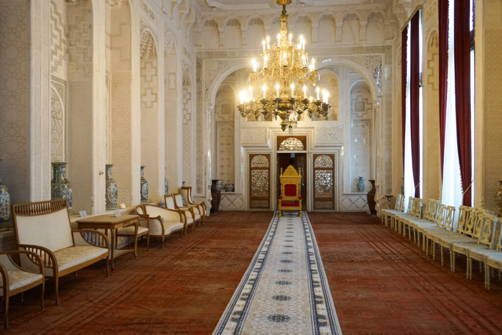 Summer palace in Bukhara one of the main rooms with chandelier