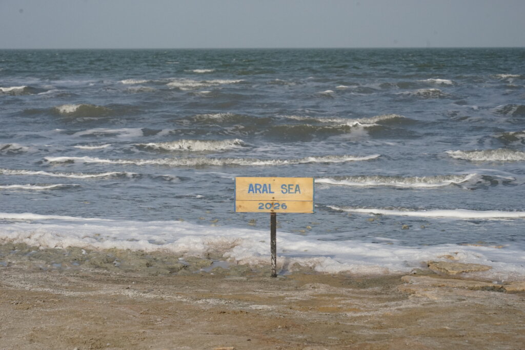 Aral Sea sign with the year marking the sea level dissipating