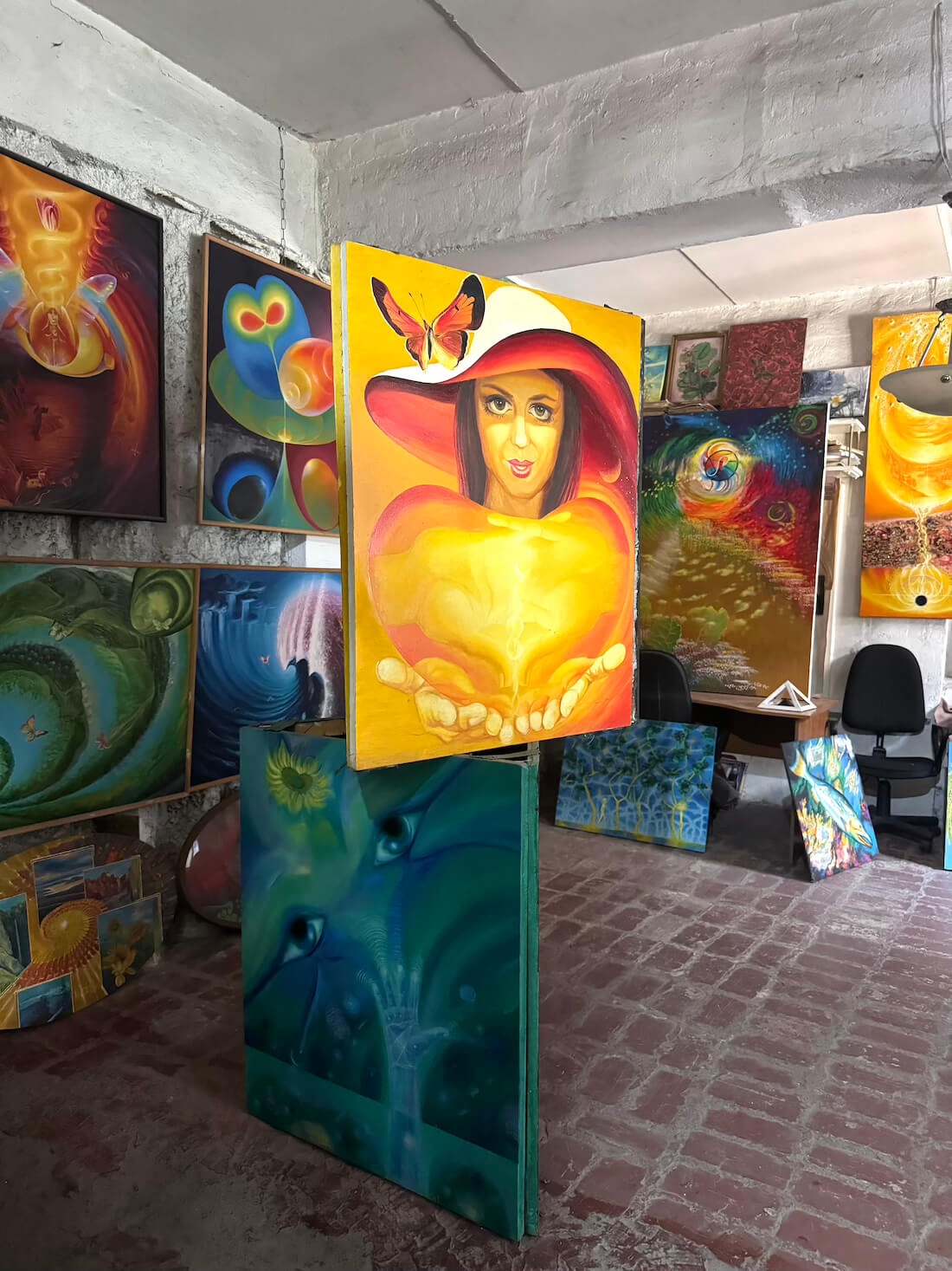A selection of colorful pieces in a gallery room downstairs