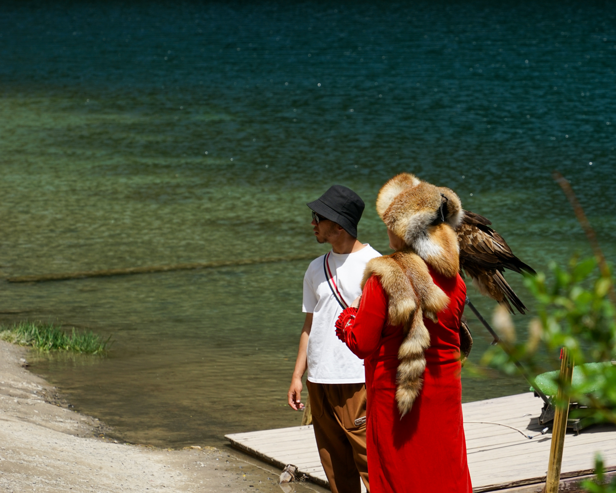 Man with a hat and a falcon telling a woman in traditional dress how to pose