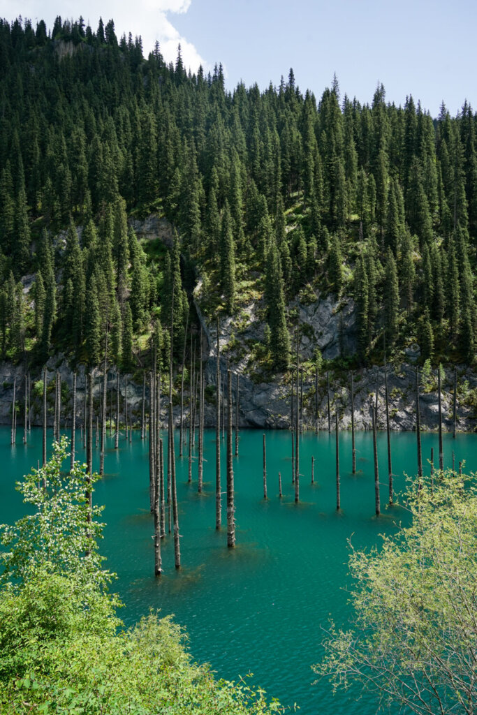 A vertical view of Kaindy Lake from a vantage point above